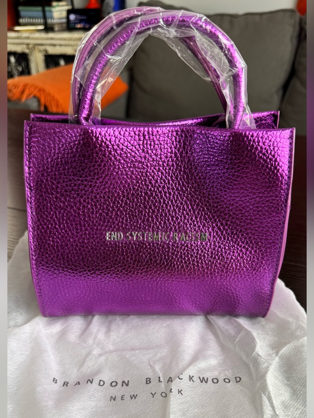Brandon Blackwood End Systemic Racism metallic purple mini tote